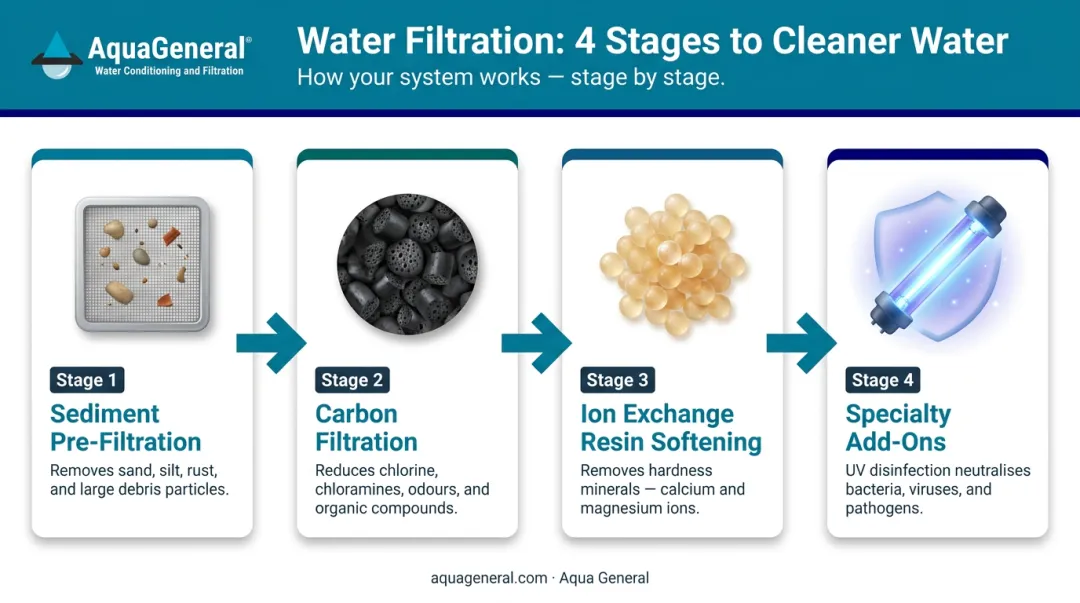 Four-stage whole house water filtration system process flow diagram