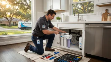 Aqua General technician installing under-sink reverse osmosis water filtration system