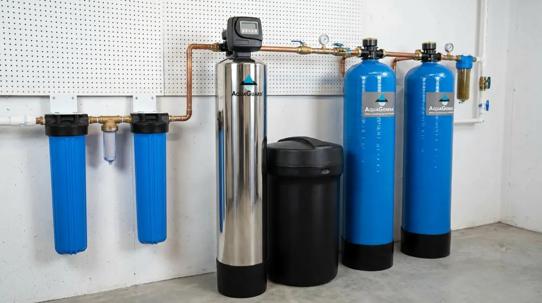 AquaGuard whole-house water conditioner five-stage filtration system unit installed