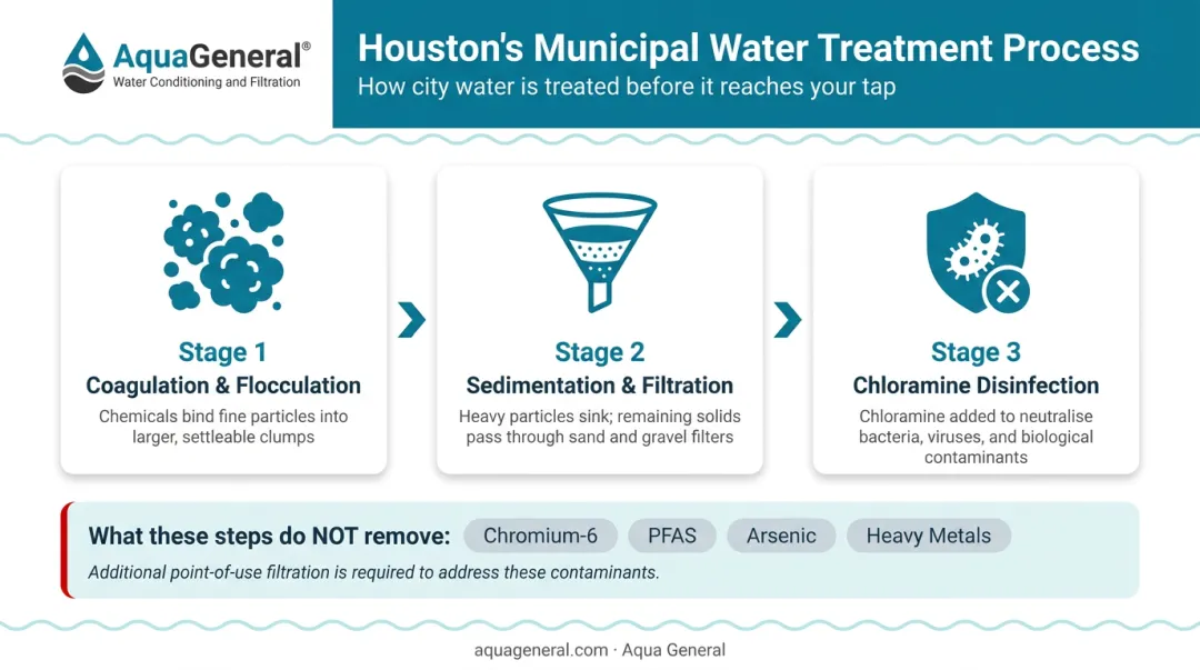 Houston water treatment three-step process from coagulation to chloramine disinfection