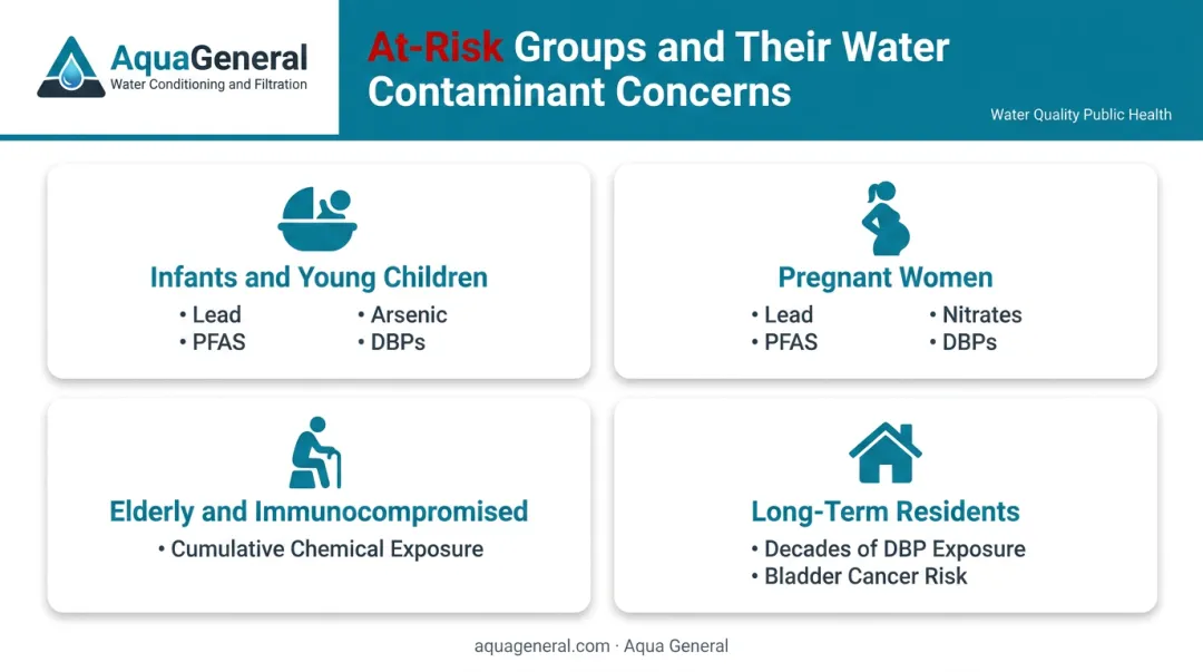 Vulnerable populations at risk from Houston tap water contaminants by group infographic