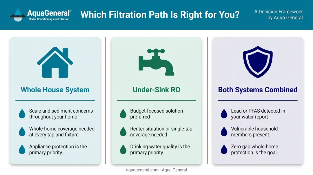Three-path water filter decision framework whole house under-sink or combined system