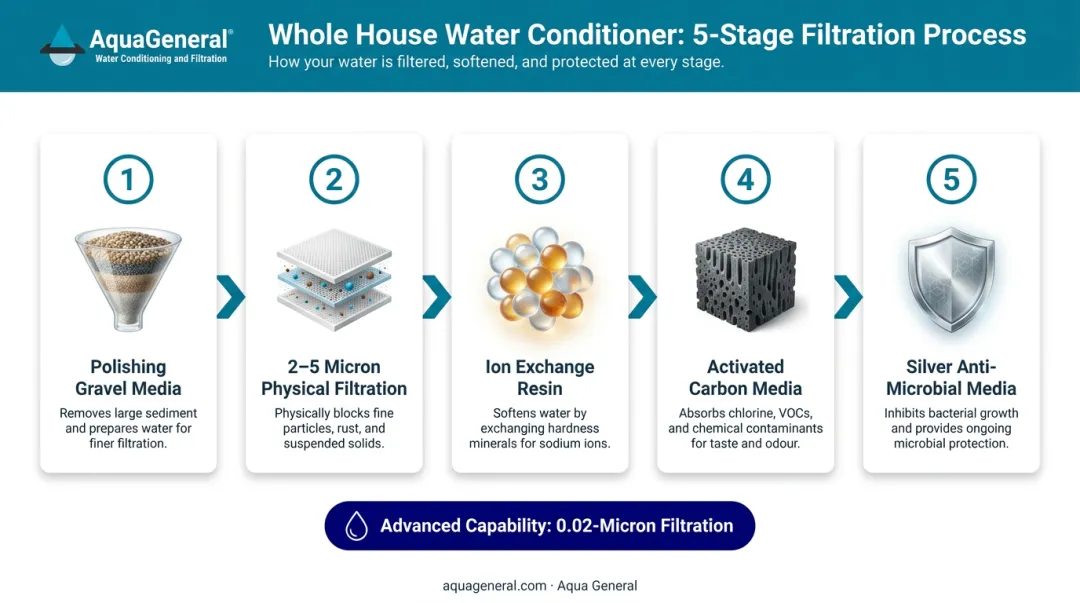 AquaGuard 5-stage whole house water filtration process flow diagram