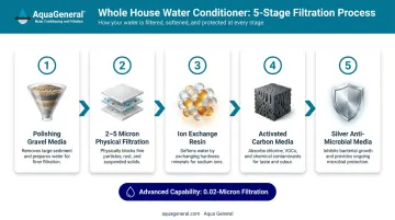 AquaGuard 5-stage whole house water filtration process flow diagram