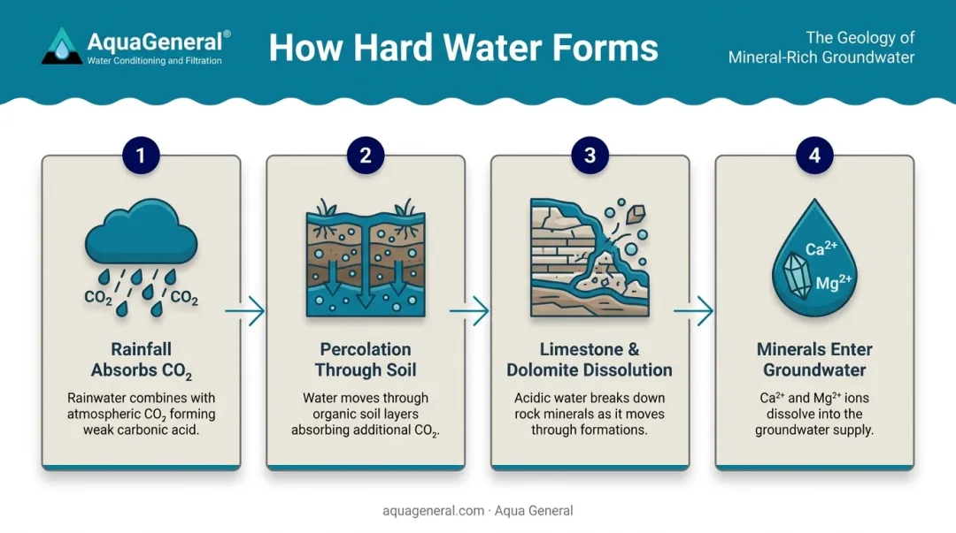 4-step geological process showing how hard water forms from rainfall to groundwater