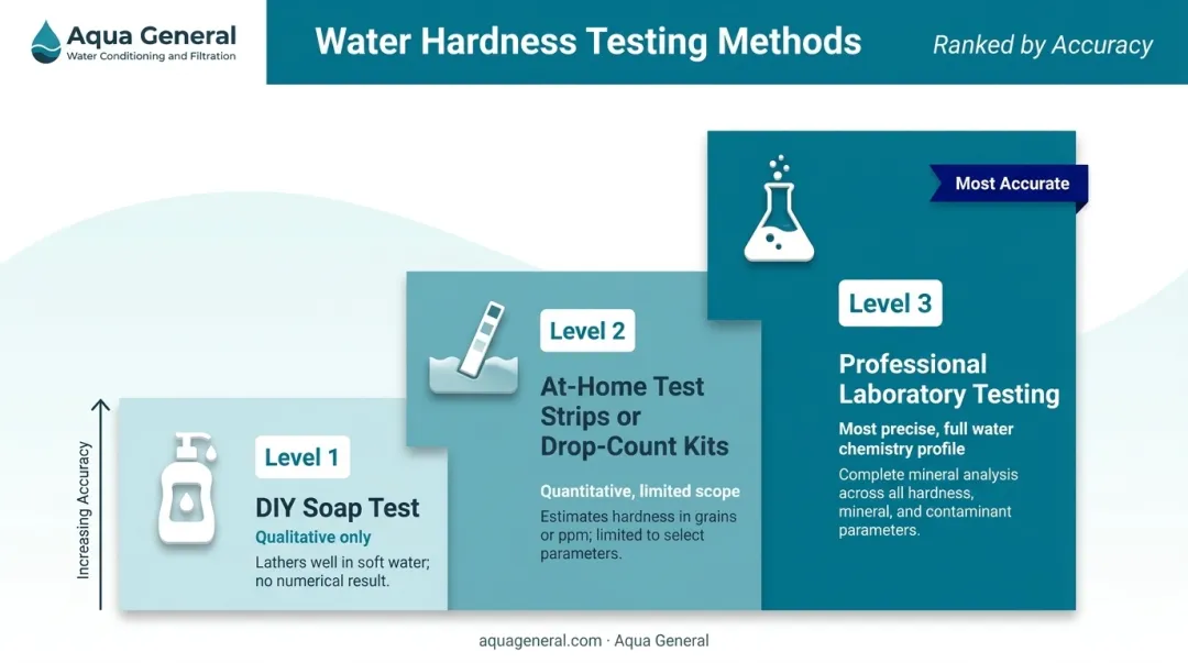 Three water hardness testing methods ranked by accuracy from DIY to professional