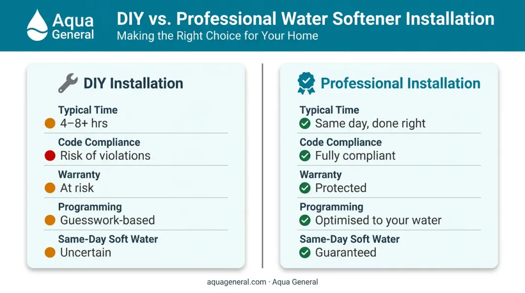 DIY versus professional water softener installation side-by-side comparison infographic