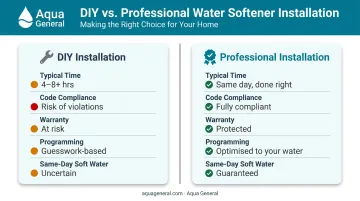 DIY versus professional water softener installation side-by-side comparison infographic