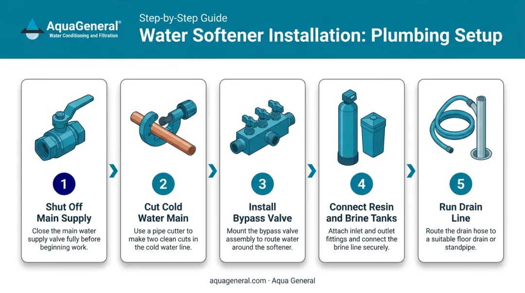 5-step water softener plumbing installation process flow diagram