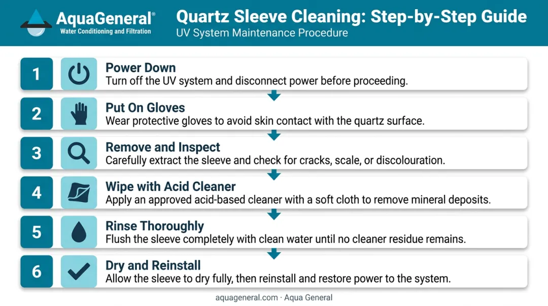 6-step quartz sleeve cleaning process for UV water treatment system maintenance