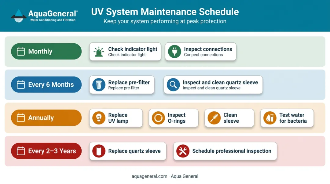 UV water treatment system maintenance schedule by frequency monthly to multi-year intervals