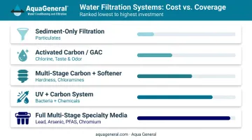 Whole house water filtration system types ranked by contaminant coverage and cost