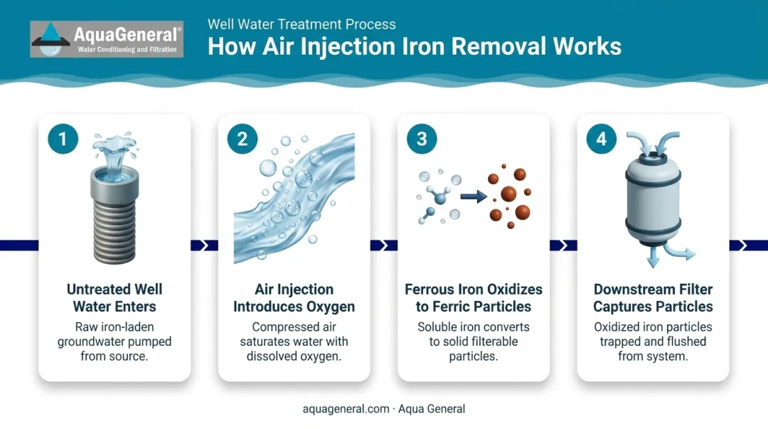 Air injection iron removal process flow from oxidation to filtration stages