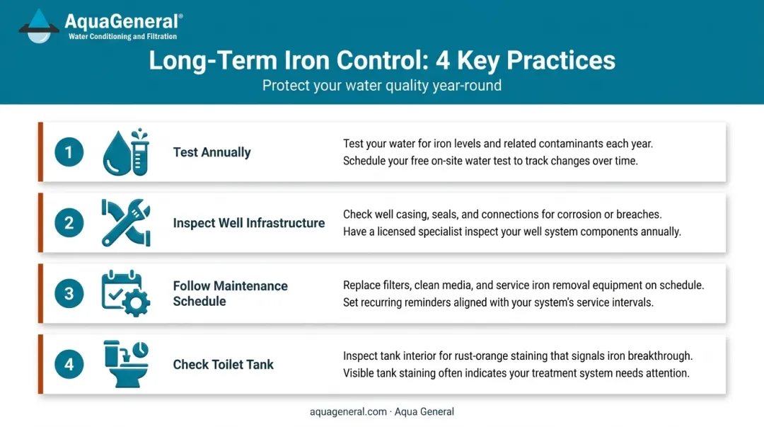 Four-step annual well water iron control maintenance checklist infographic