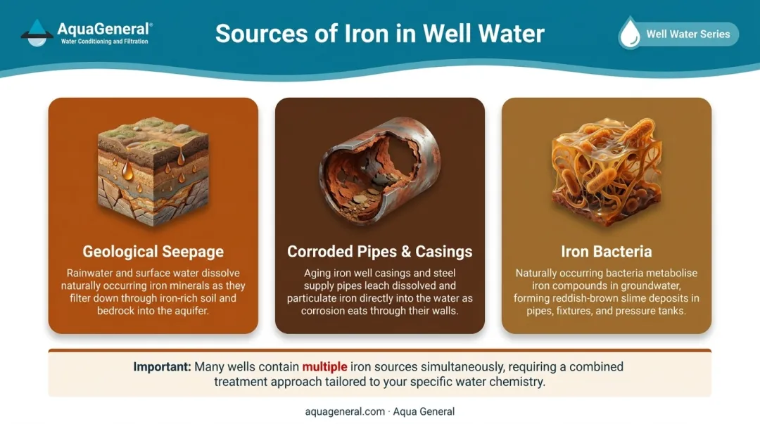 Three sources of iron in well water geological bacteria and pipe corrosion