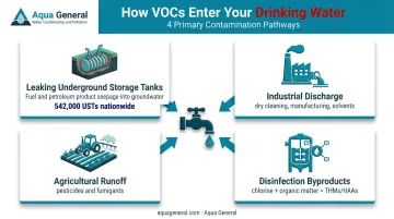 four pathways VOCs enter household drinking water sources infographic