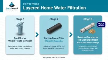 Multi-stage water filtration system layered approach carbon block reverse osmosis ion exchange