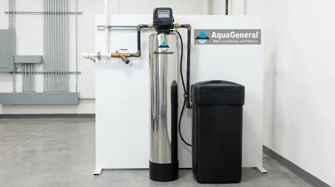 AquaGuard whole-house water conditioner system showing multi-stage filtration components