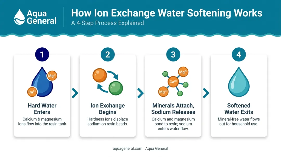 4-step ion exchange water softening process flow diagram with resin beads