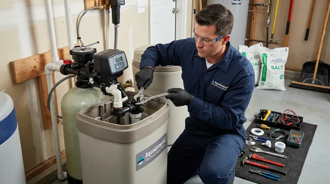 WQA-certified water softener technician servicing valve head in Houston home