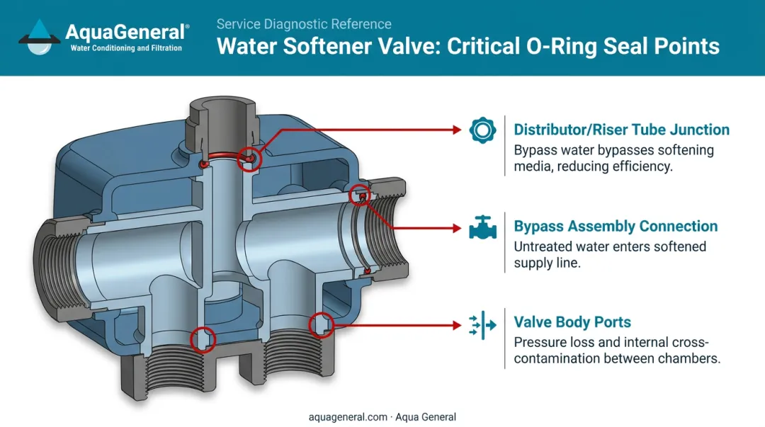 Three critical water softener O-ring seal locations anatomy diagram