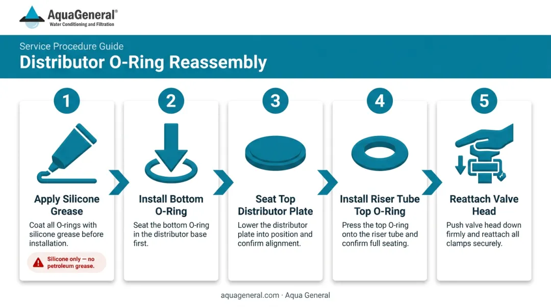Water softener valve head O-ring seal positions serviced by a technician