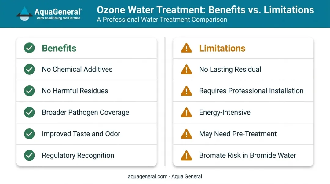 Ozone water treatment benefits versus limitations side-by-side comparison infographic