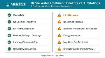 Ozone water treatment benefits versus limitations side-by-side comparison infographic