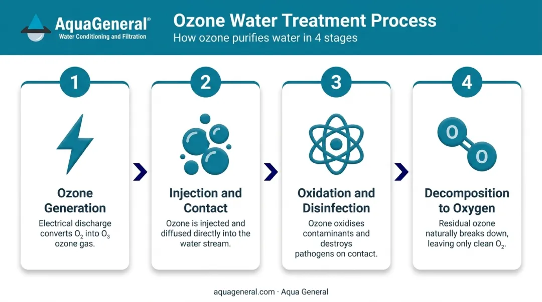4-stage ozone water treatment process flow from generation to decomposition