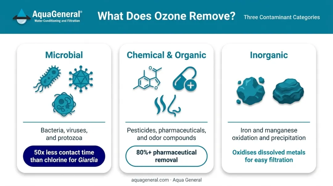 Ozone water treatment contaminant removal categories and effectiveness comparison chart