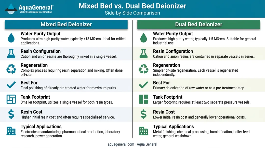 Mixed bed versus dual bed deionizer seven-factor side-by-side comparison chart