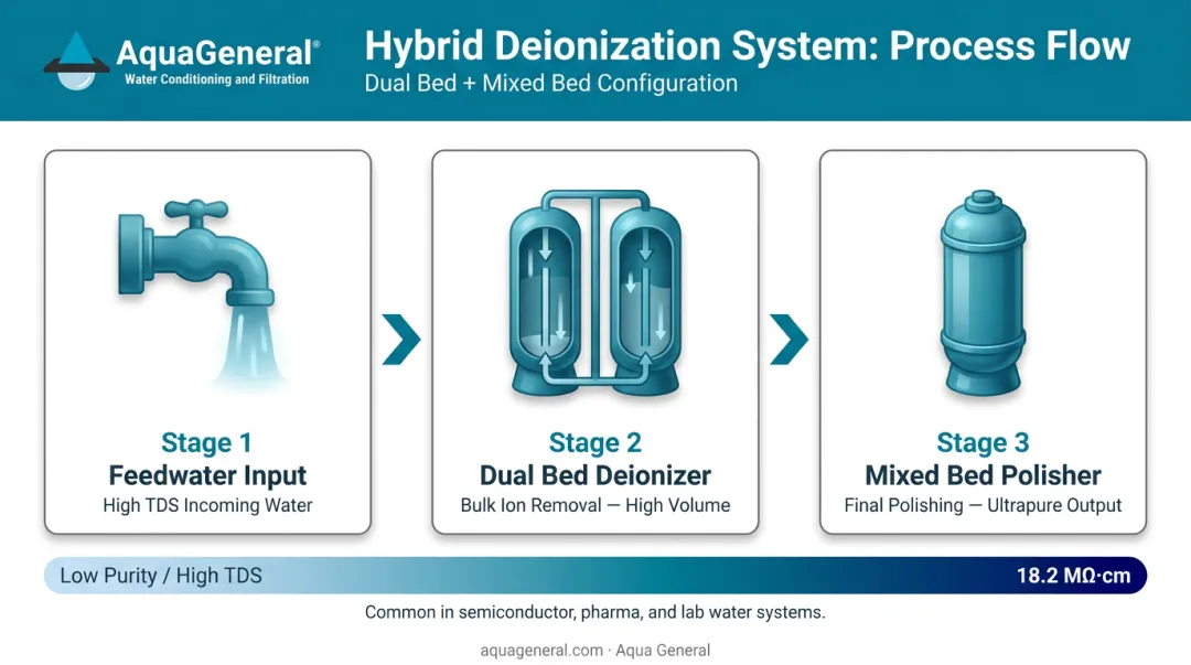 Dual bed plus mixed bed polisher combination system water treatment flow diagram