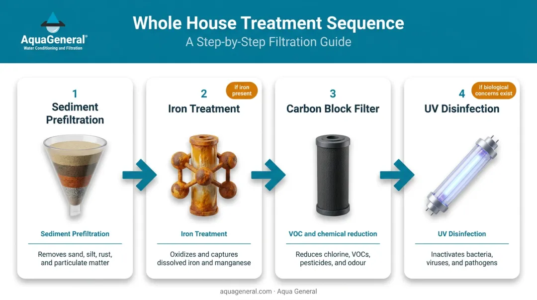4-step whole house water treatment sequence from sediment prefiltration to UV disinfection