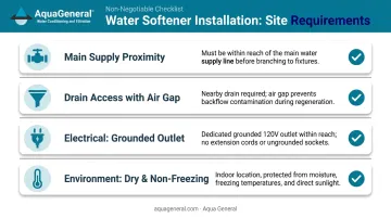 Four non-negotiable water softener installation site requirements checklist infographic