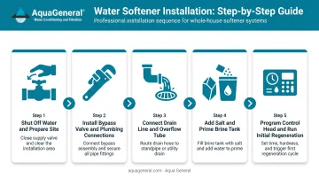 5-step NSF certified water softener installation sequence process flow diagram