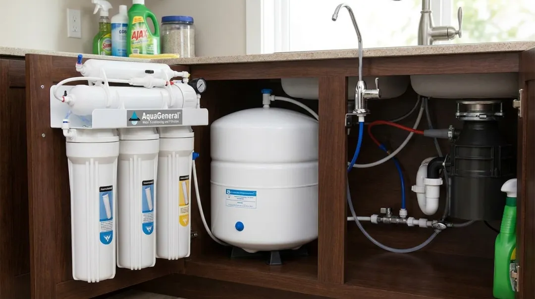 Under-sink reverse osmosis system installed beneath kitchen sink with storage tank and filters