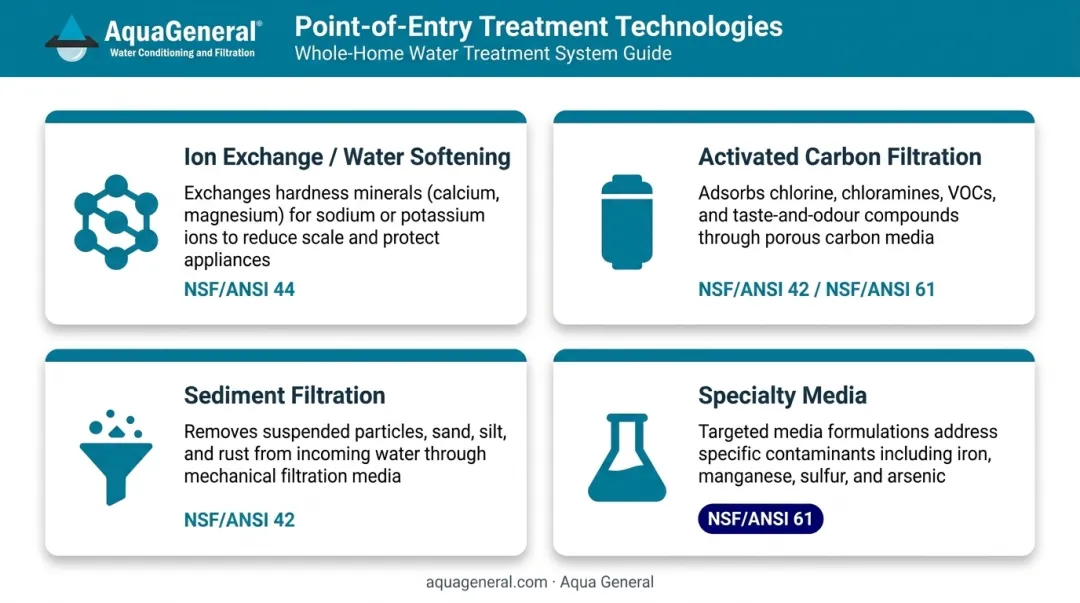Four POE water filtration treatment technologies illustrated with icons and descriptions
