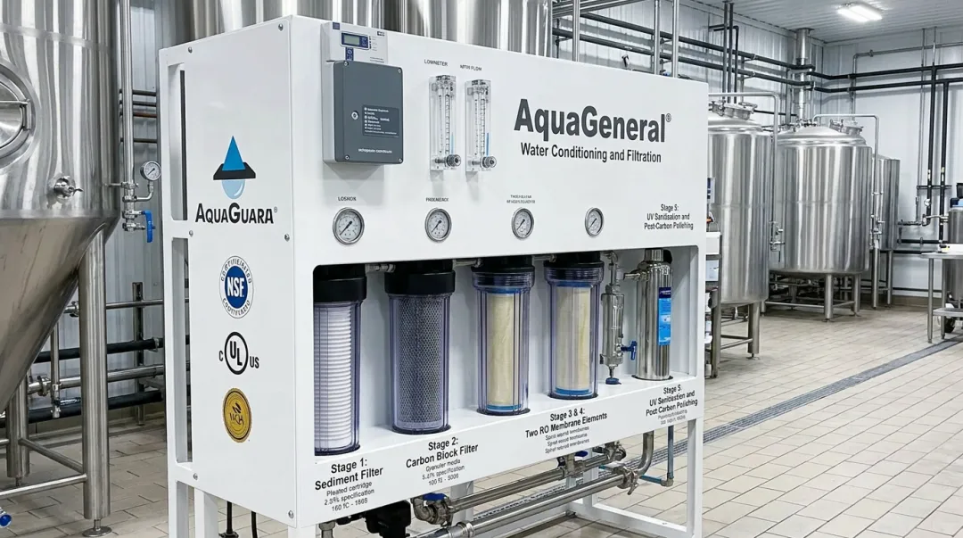 Five-stage commercial water conditioning system with anti-microbial silver-impregnated filtration media