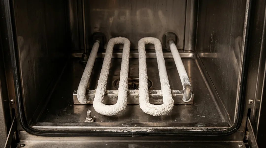 Commercial ice machine with visible scale buildup from hard water minerals