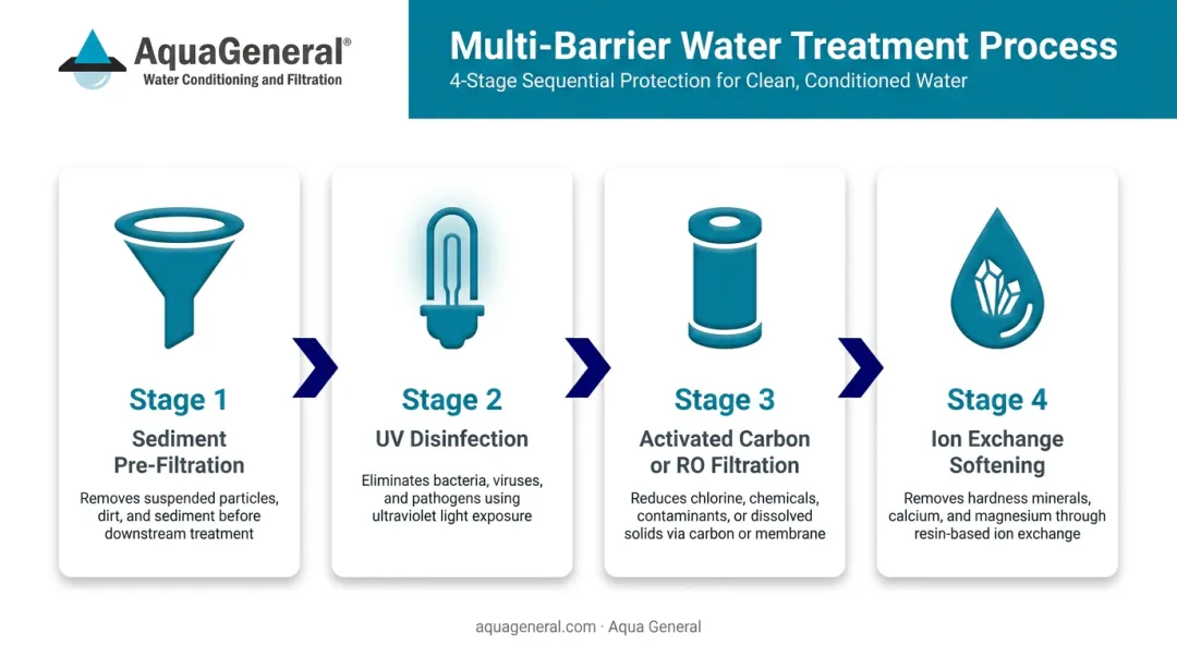 Four-stage multi-barrier water treatment system process flow diagram