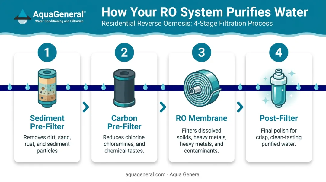 Four-stage residential reverse osmosis filtration process flow diagram