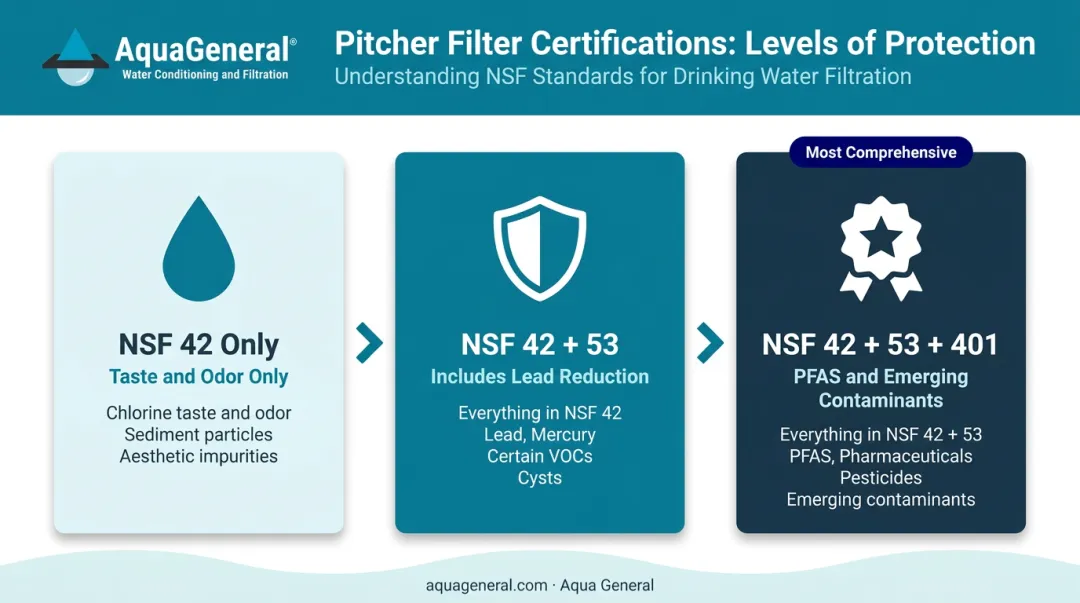 Water filter pitcher NSF certification levels comparison from basic to advanced contaminant removal
