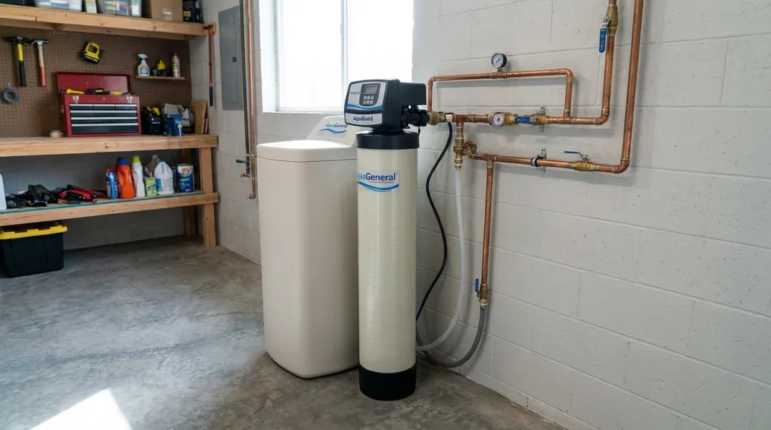 AquaGuard whole-house water conditioner system installed in residential utility area