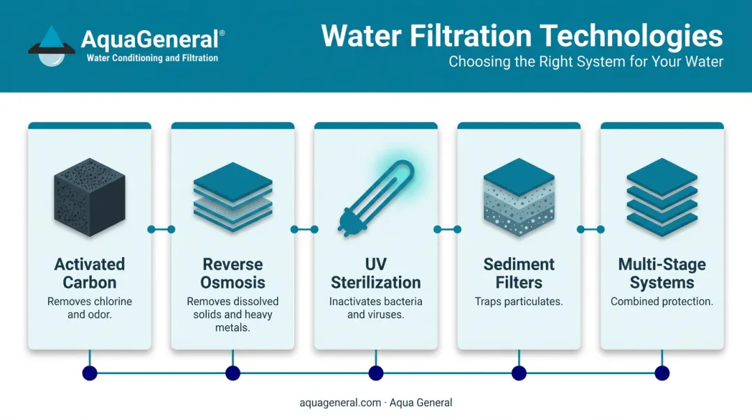 Five water filtration technologies comparison infographic with process descriptions