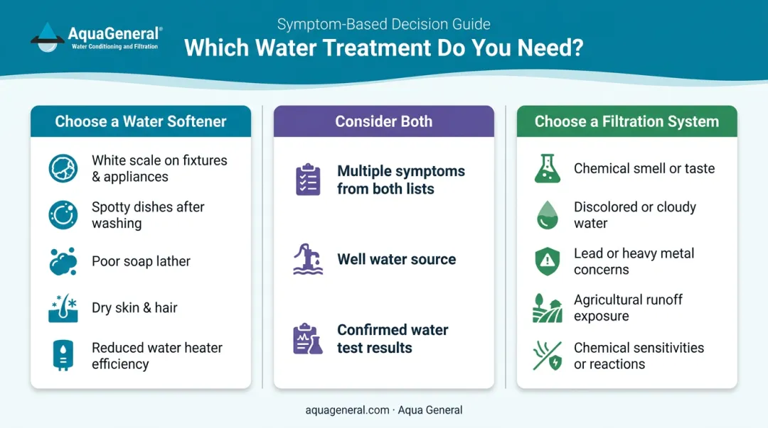 Water softener versus filtration system symptom-based decision guide flowchart