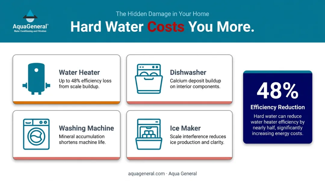 Hard water impact on home appliances efficiency and lifespan infographic