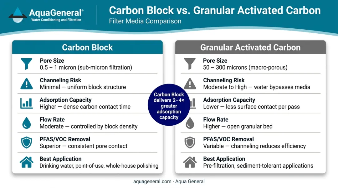 Carbon block versus granular activated carbon side-by-side comparison infographic