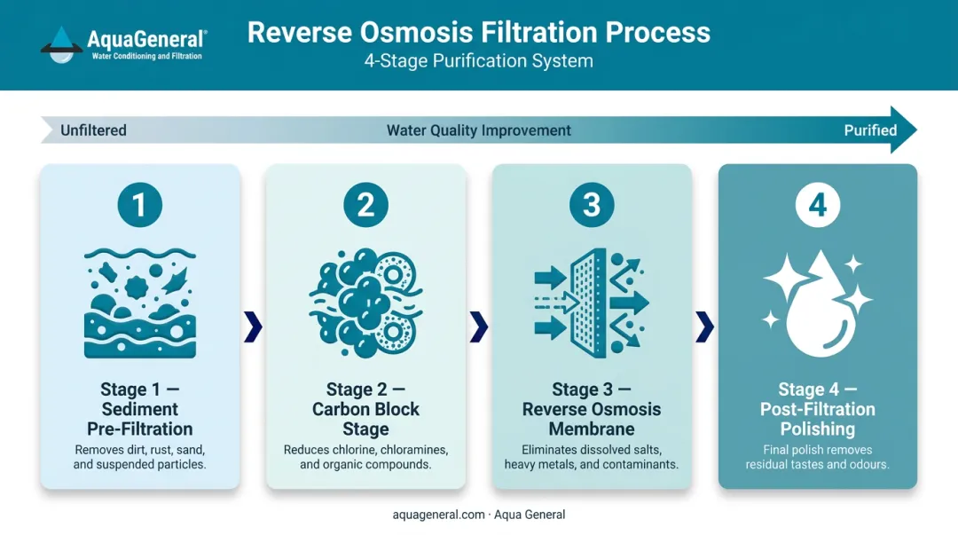 4-stage multi-stage home water filtration process flow from sediment to post-filter polish
