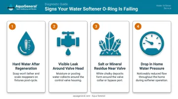 Four warning signs of failing water softener O-ring symptoms infographic