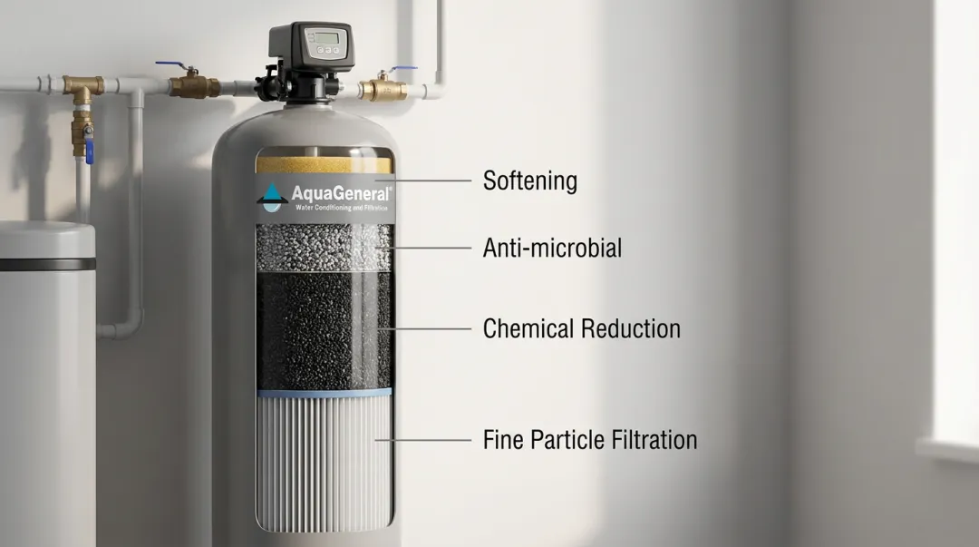 Aqua General whole-house water conditioner four-stage filtration system unit